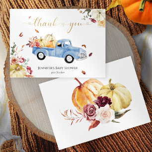 Little Pumpkin Fall Blue Vintage Truck Baby Shower Thank You Card