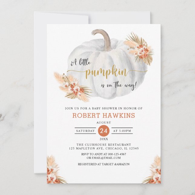 Little Pumpkin Fall Boho Pampas Grass Baby Shower Invitation (Front)