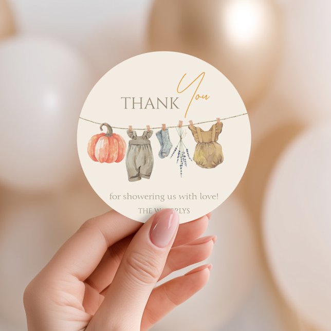 Little Pumpkin Fall Clothes Baby Shower Thank You Classic Round Sticker (Creator Uploaded)