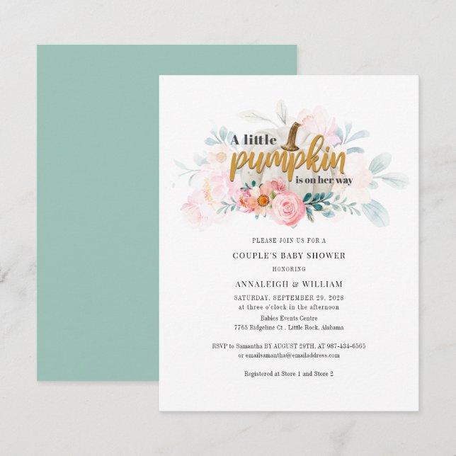 Little Pumpkin Fall Couple Baby Shower Pink Floral Invitation (Front/Back)