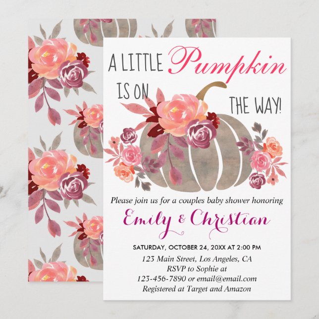 Little Pumpkin Fall Couples Baby Shower Floral Invitation (Front/Back)
