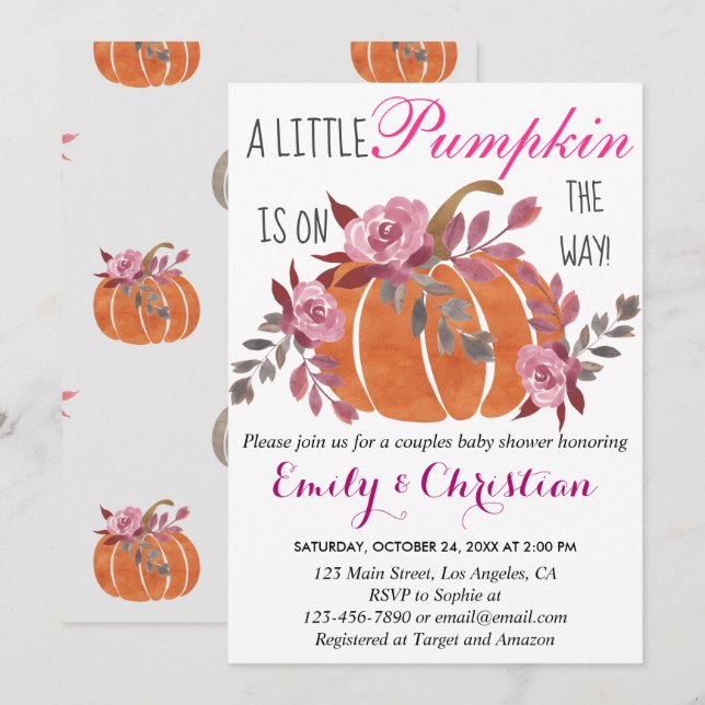 Little Pumpkin Fall Couples Baby Shower Floral Invitation (Front/Back)