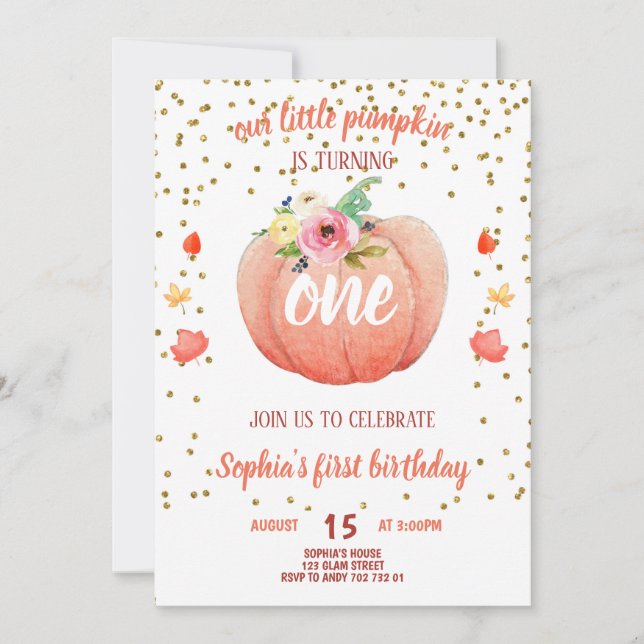 Little Pumpkin Fall First Birthday Girl Gold Invitation (Front)