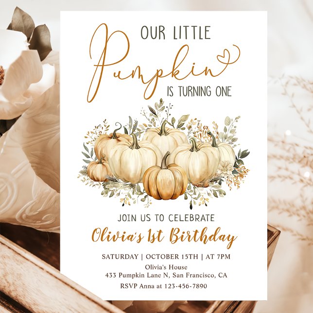 Little Pumpkin Fall Floral 1st Birthday Party Invitation (Creator Uploaded)