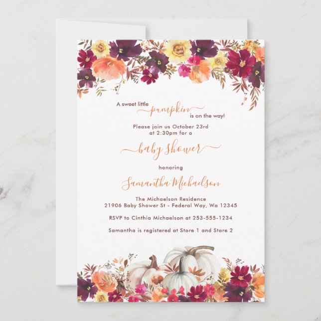Little Pumpkin Fall Floral Baby Shower Invitation (Front)
