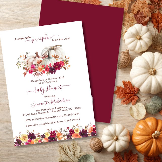 Little Pumpkin Fall Floral Baby Shower Invitation (Burgundy Little Pumpkin Fall Floral Baby Shower Invitation)