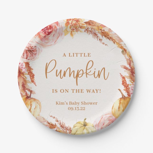 Little Pumpkin Fall Floral Baby Shower Paper Plate (Front)