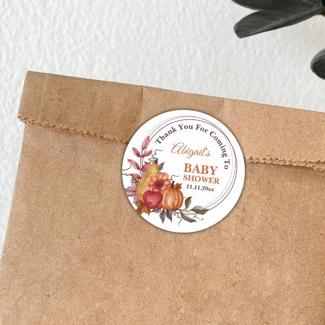 Little Pumpkin Fall Floral  Baby Shower Thank You  Classic Round Sticker (Creator Uploaded)