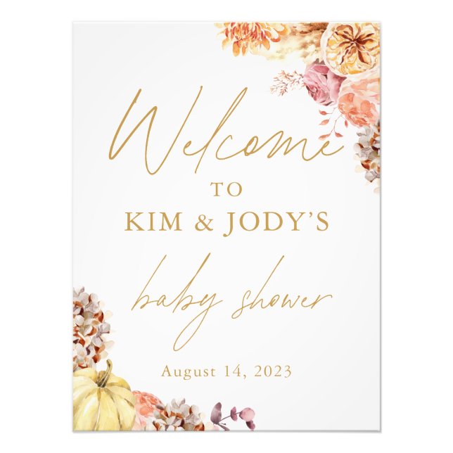 Little Pumpkin Fall Floral Baby Shower Welcome  Photo Print (Front)