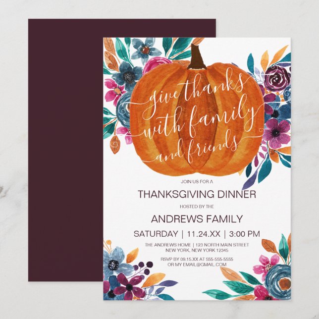 Little Pumpkin Fall Floral Watercolor Thanksgiving Invitation (Front/Back)