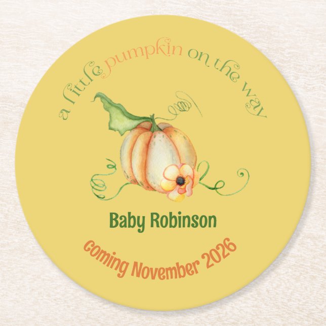 Little Pumpkin Fall Gender Neutral Baby Shower Round Paper Coaster (Front)