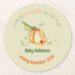 Little Pumpkin Fall Gender Neutral Baby Shower Round Paper Coaster