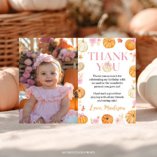 Little Pumpkin Fall Girl Birthday Photo Thank You Card