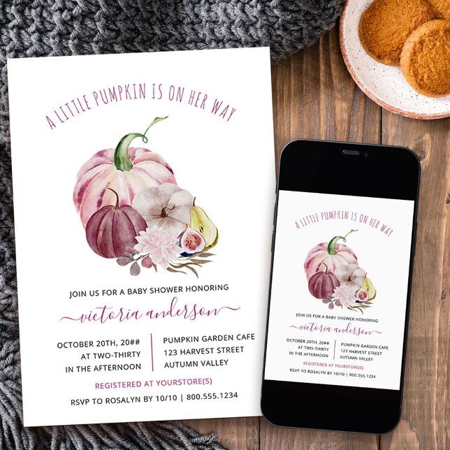 Little Pumpkin Fall Harvest Berry Pink Baby Shower Invitation (Little Pumpkin fall baby shower invitation from my Little Pumpkin collection)