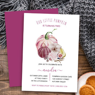 Little Pumpkin Fall Harvest Berry Pink Birthday Invitation