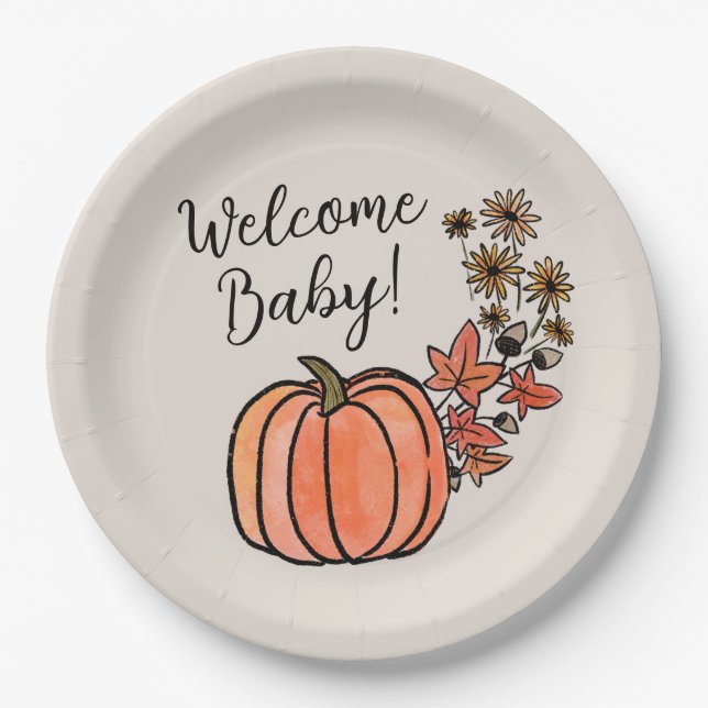 Little Pumpkin Fall Harvest Welcome Baby Shower Paper Plate (Front)