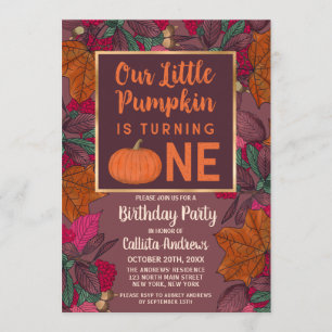 Little Pumpkin Fall Leaves and Berries Birthday Invitation