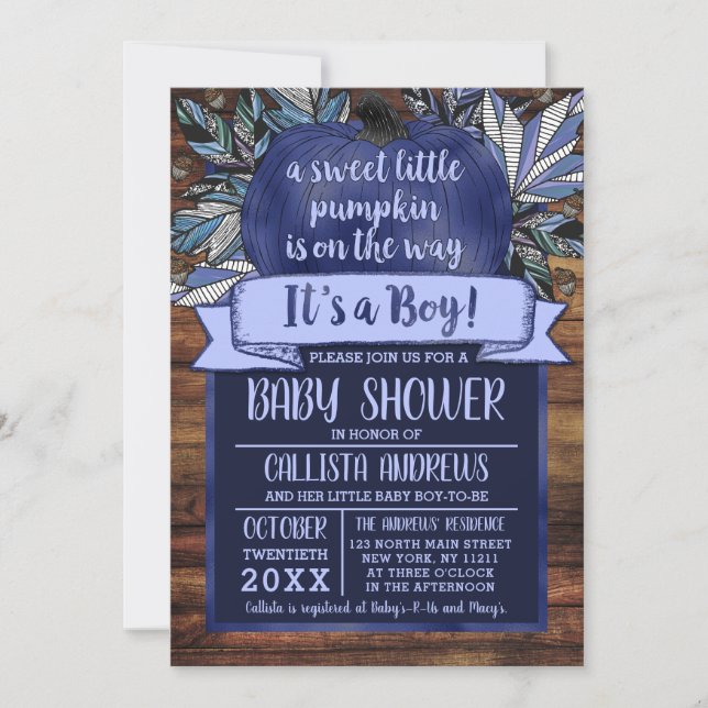 Little Pumpkin Fall Leaves Blue Wood Baby Shower Invitation (Front)