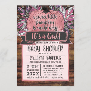 Little Pumpkin Fall Leaves Pink Wood Baby Shower Invitation