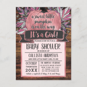 Little Pumpkin Fall Leaves Pink Wood Baby Shower Invitation Postcard