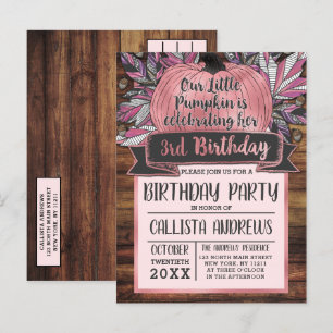 Little Pumpkin Fall Leaves Pink Wood Birthday Invitation Postcard