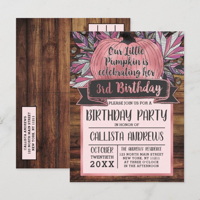 Little Pumpkin Fall Leaves Pink Wood Birthday Invitation Postcard (Front/Back)