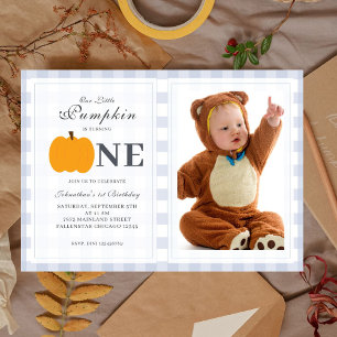 Little Pumpkin Fall Pastel Blue 1st Birthday Photo Invitation