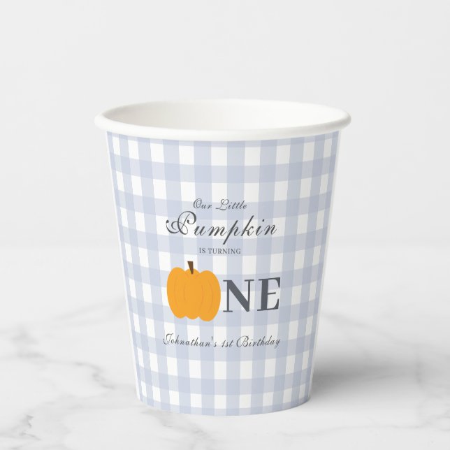 Little Pumpkin Fall Pastel Blue First Birthday  Paper Cups (Front)