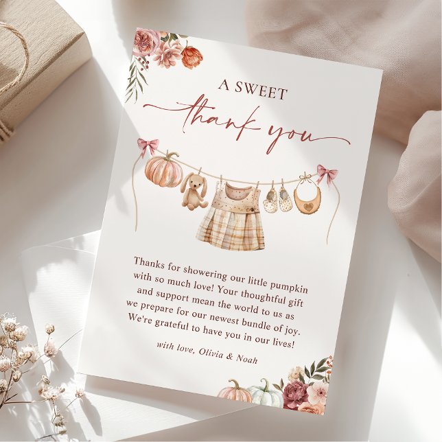 Little Pumpkin Fall Pink Floral Girl Baby Shower Thank You Card (Creator Uploaded)
