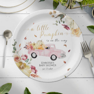 Little Pumpkin Fall Pink Vintage Truck Baby Shower Paper Plate