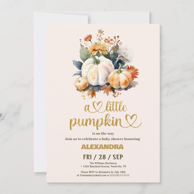 Little pumpkin fall watercolor floral baby shower invitation (Front)