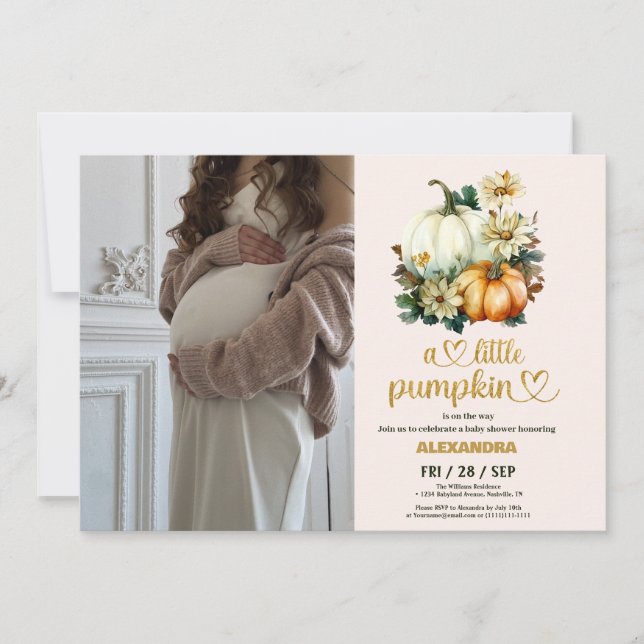 Little pumpkin fall watercolor floral baby shower invitation (Front)