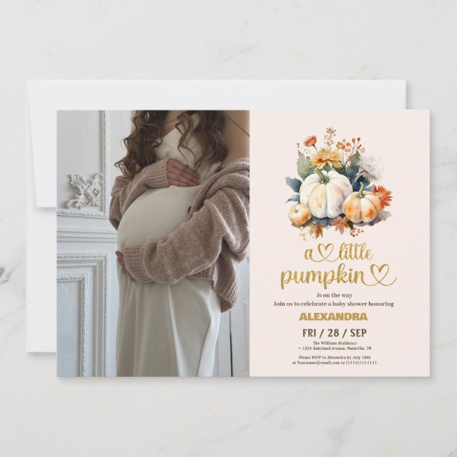 Little pumpkin fall watercolor floral baby shower invitation (Front)
