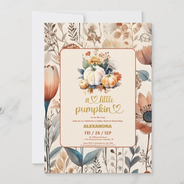 Little pumpkin fall watercolor floral baby shower invitation (Front)