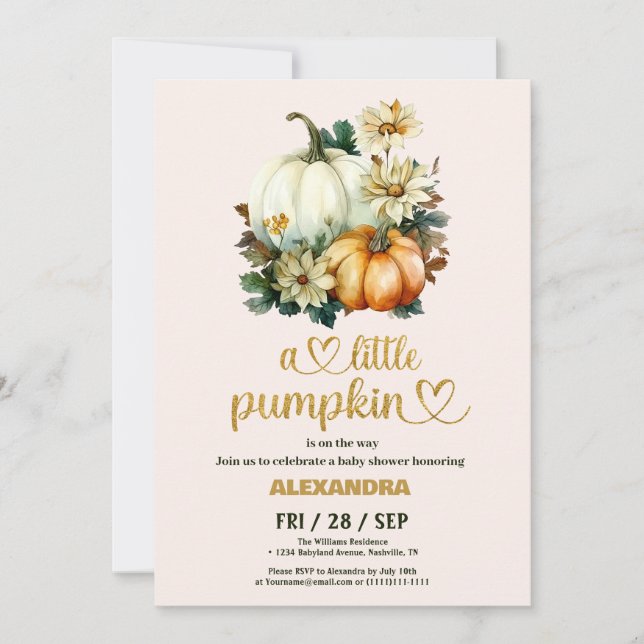 Little pumpkin fall watercolor floral baby shower invitation (Front)