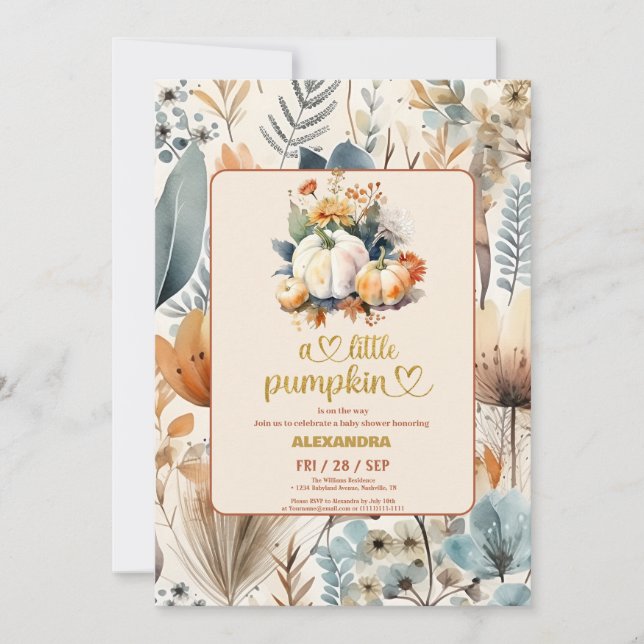 Little pumpkin fall watercolor floral baby shower invitation (Front)