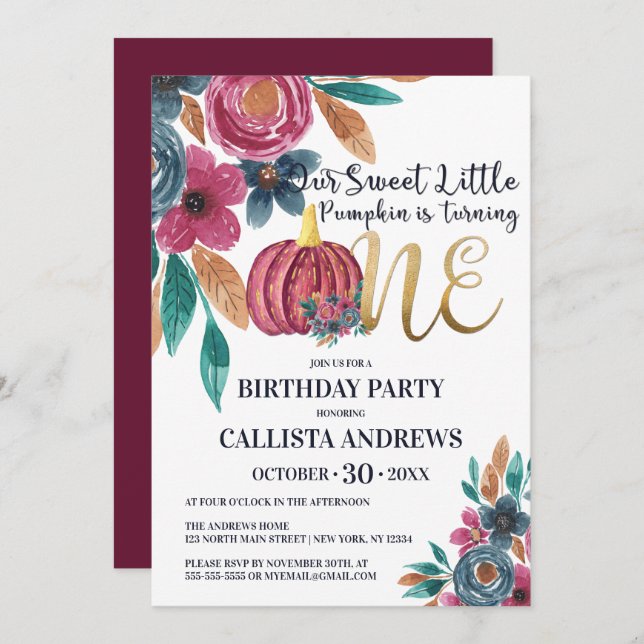Little Pumpkin Fall White Gold Floral 1st Birthday Invitation (Front/Back)