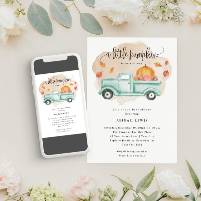 Little Pumpkin Farm Truck Fall Baby Shower Invitation (A little pumpkin is on the way! )