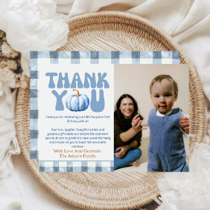 Little Pumpkin First Birthday Blue Gingham Fall Thank You Card
