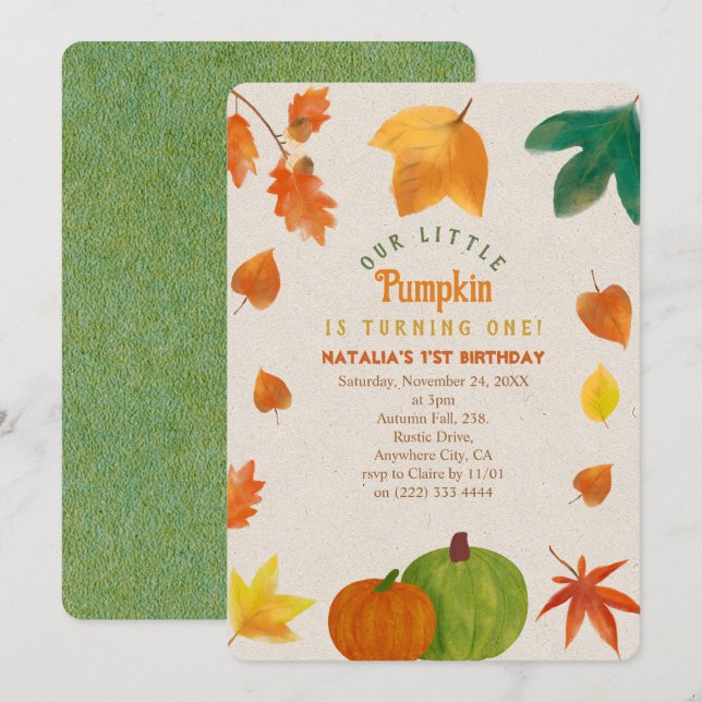 Little Pumpkin first birthday Invitation (Front/Back)