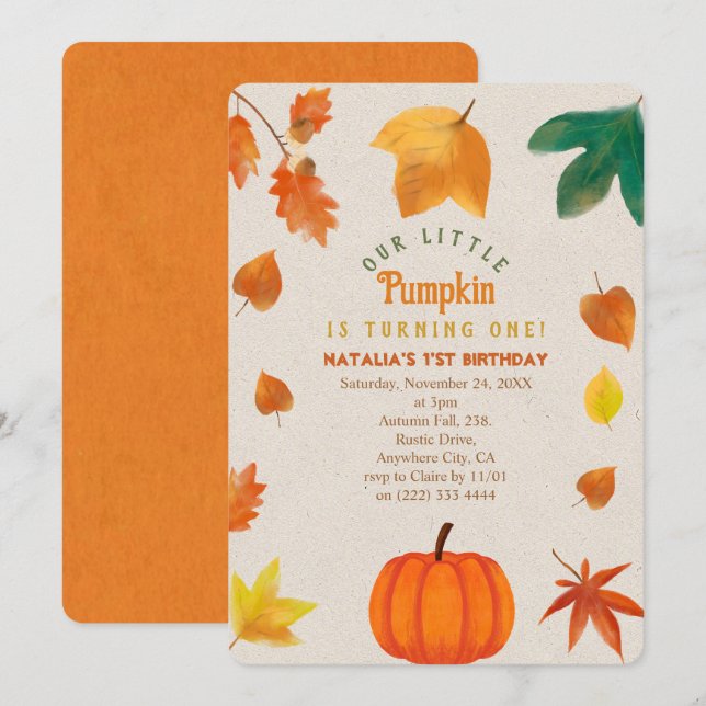  Little Pumpkin first birthday Invitation (Front/Back)