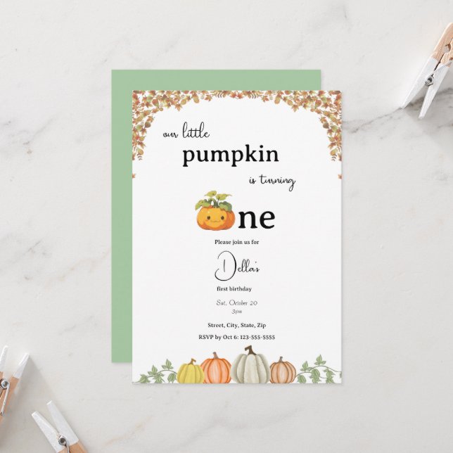 Little Pumpkin First Birthday Invitation (Front/Back In Situ)