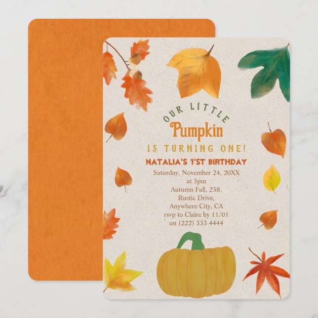  Little Pumpkin first birthday Invitation (Front/Back)