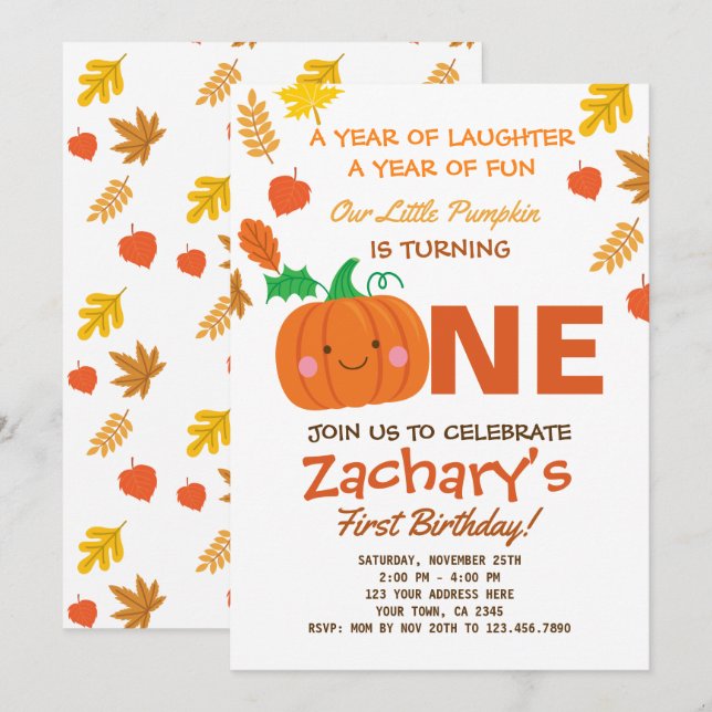 Little Pumpkin First Birthday Invitation (Front/Back)