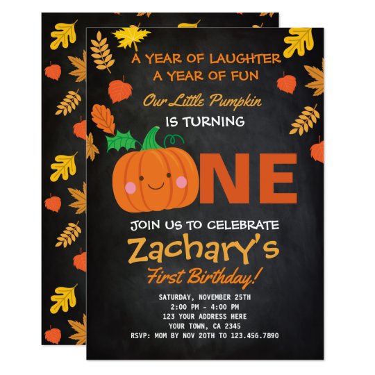 Little Pumpkin First Birthday Invitation, Black Card