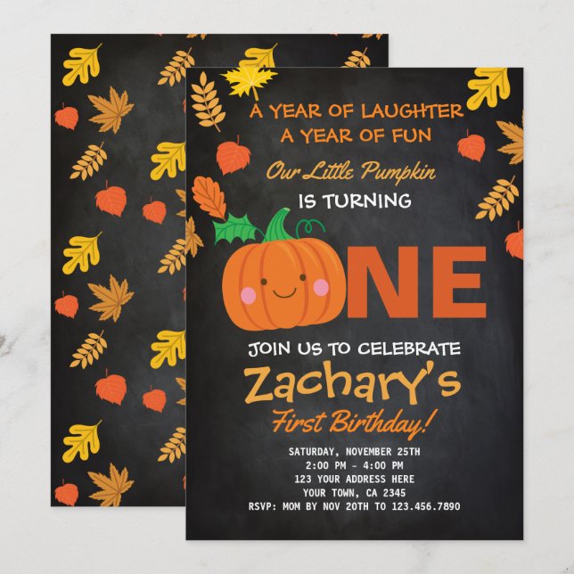 Little Pumpkin First Birthday Invitation, Black Invitation (Front/Back)