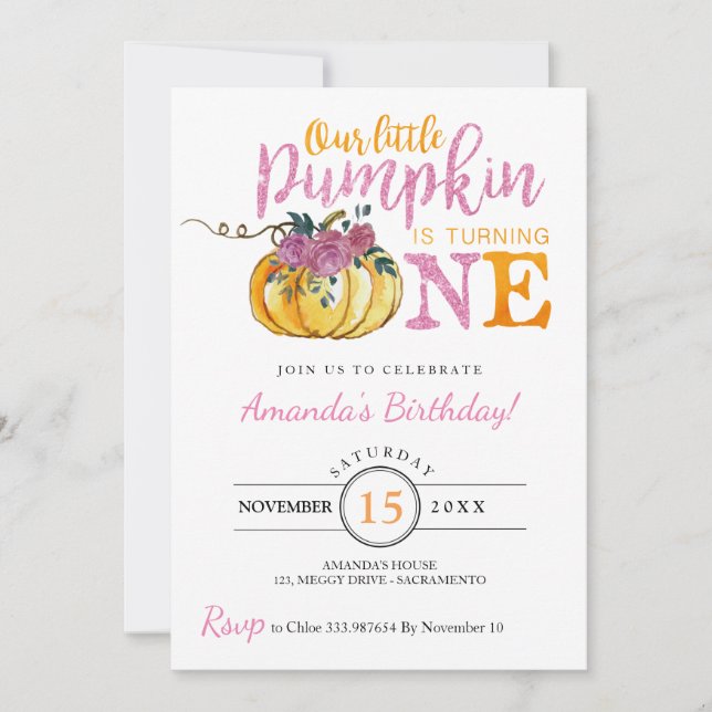 Little pumpkin First birthday invitation card (Front)