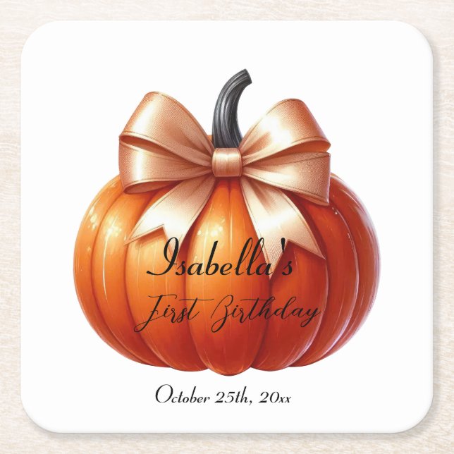 Little Pumpkin First Birthday Paper Coaster (Front)