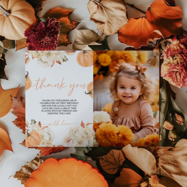 Little Pumpkin First Birthday Photo Thank You Card (Creator Uploaded)