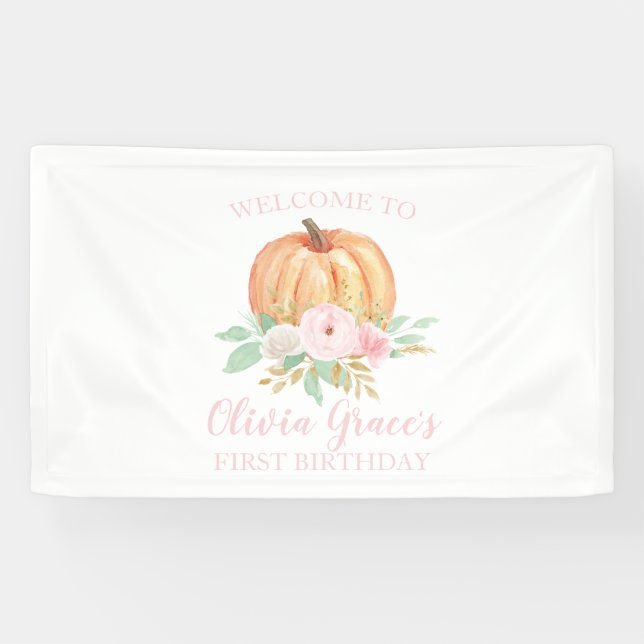 Little Pumpkin first birthday pink floral Banner (Horizontal)